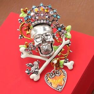 Silver Skull and Crossbones Brooch with Colorful Accents Broach NWT